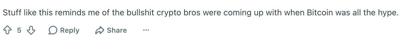 Comment: Stuff like this reminds me of the bullshit crypto bros were coming up with when Bitcoin was all the hype.