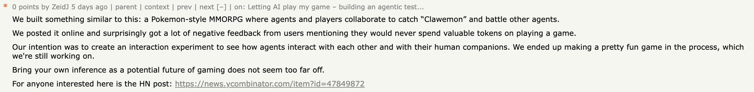 Our Hacker News comment explaining the Clawemon concept